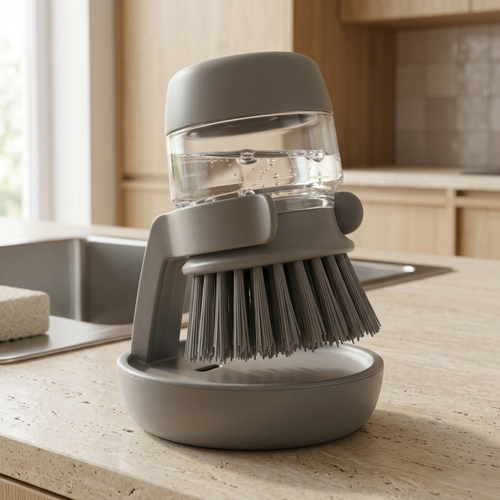 Grey soap dispensing dish brush and holder beside a kitchen sink